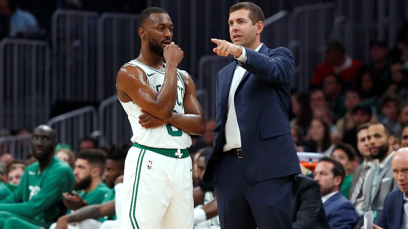 Boston Celtics' Kemba Walker and Brad Stevens
