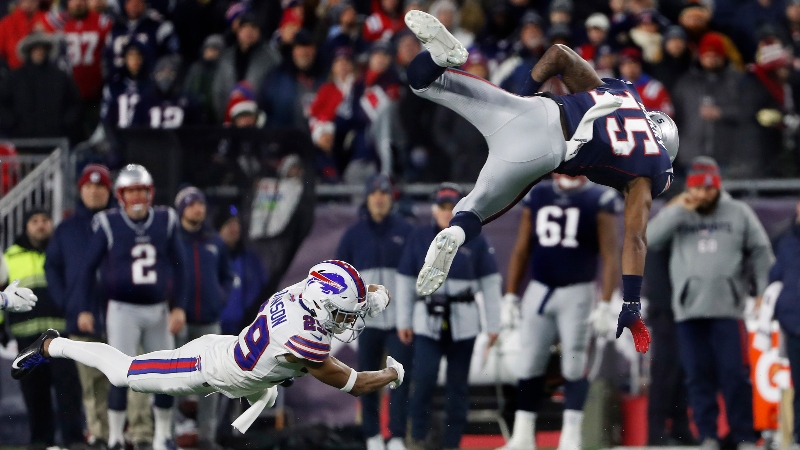 New England Patriots wide receiver N'Keal Harry (15) and Buffalo Bills cornerback Kevin Johnson (29)