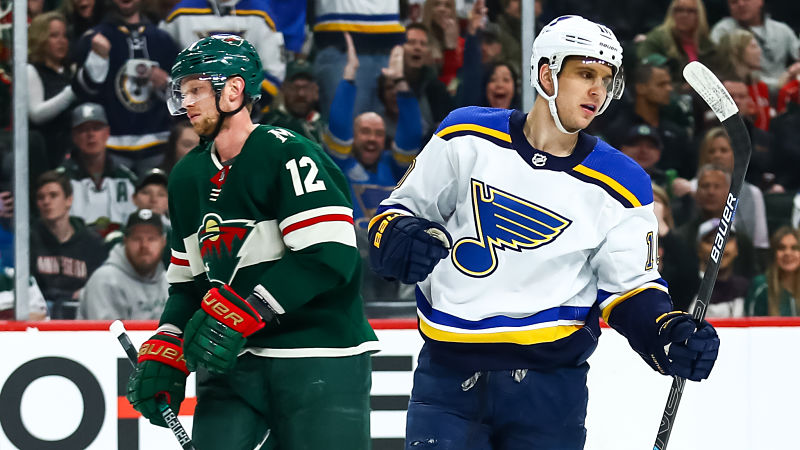 St. Louis Blues center Brayden Schenn and Minnesota Wild center Eric Staal