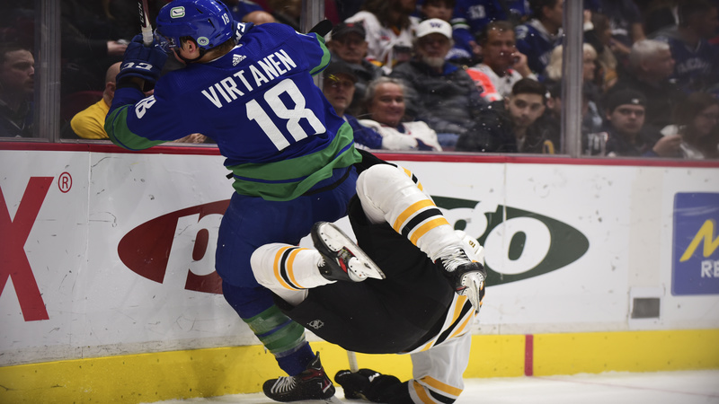 Canucks forward Jake Virtanen, Bruins forward Anton Blidh