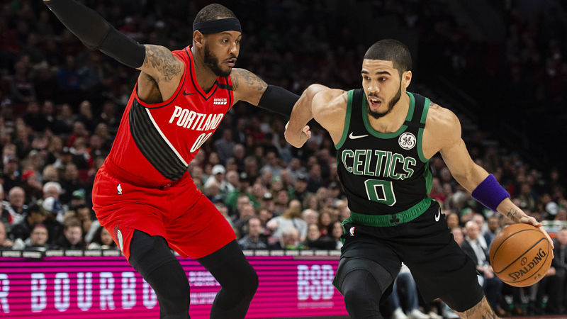 Boston Celtics forward Jayson Tatum and Portland Trail Blazers forward Carmelo Anthony