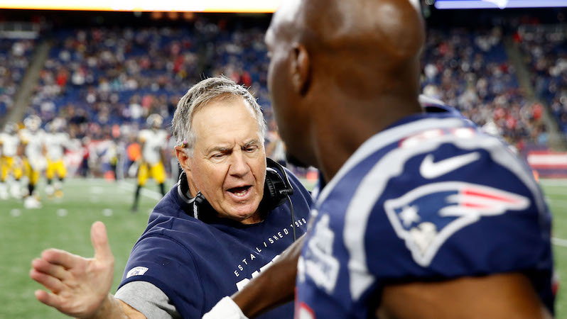 Patriots head coach Bill Belichick, safety Duron Harmon