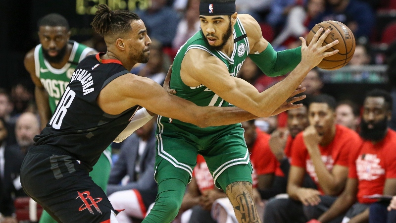 Boston Celtics forward Jayson Tatum (0) and Houston Rockets forward Thabo Sefolosha (18)