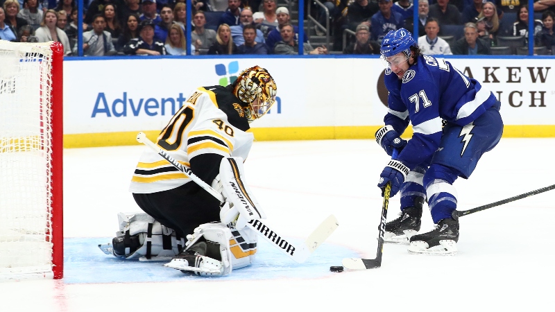 Boston Bruins goaltender Tuukka Rask (40) and Tampa Bay Lightning center Anthony Cirelli (71)