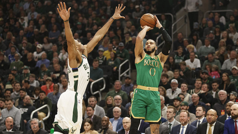 Milwaukee Bucks forward Giannis Antetokounmpo and Boston Celtics forward Jayson Tatum