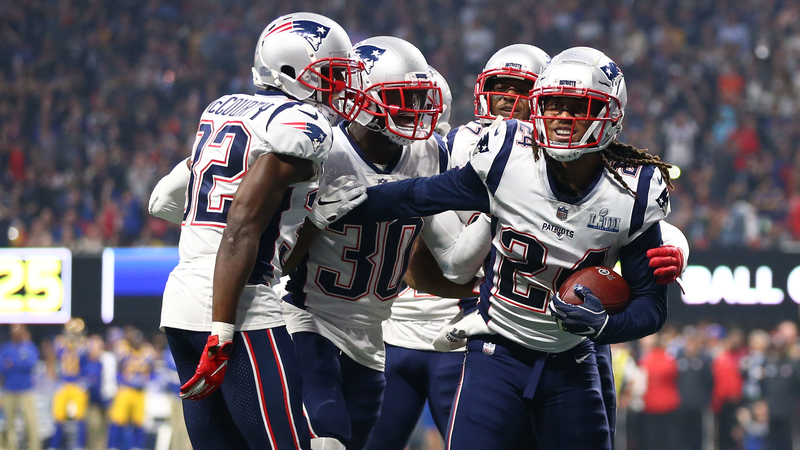 New England Patriots cornerback Stephon Gilmore, Devin McCourty, Jason McCourty