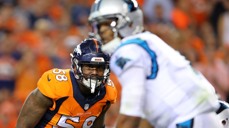 Denver Broncos' Von Miller and New England Patriots' Cam Newton