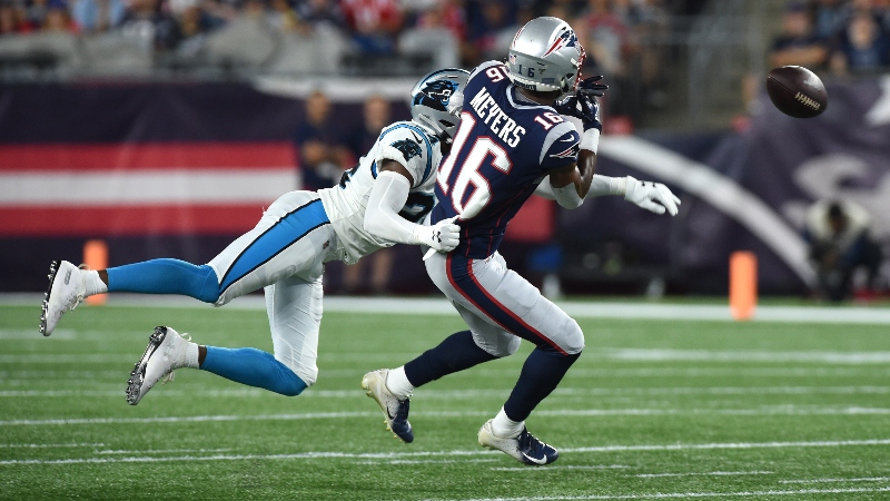 New England Patriots wide receiver Jakobi Meyers (16) and Carolina Panthers cornerback James Bradberry (24)
