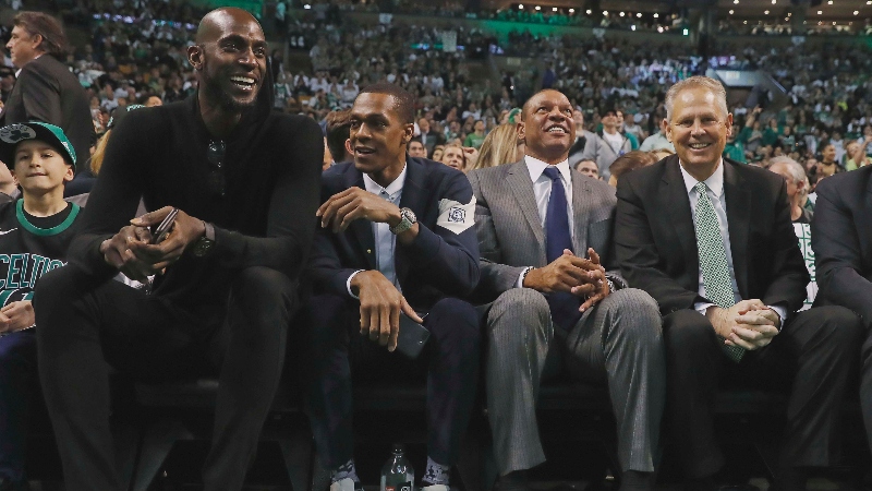 Former Boston Celtics (left to right) Kevin Garnett, Rajon Rondo, coach Doc Rivers and current general manager Danny Ainge