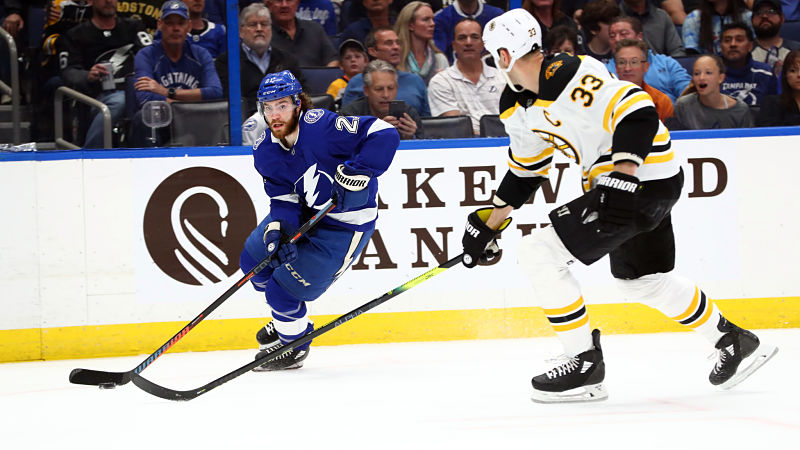 Tampa Bay Lightning center Brayden Point and Boston Bruins defenseman Zdeno Chara