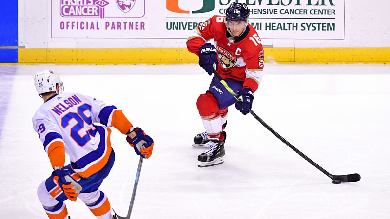 New York Islanders defenseman Brock Nelson and Florida Panthers center Aleksander Barkov