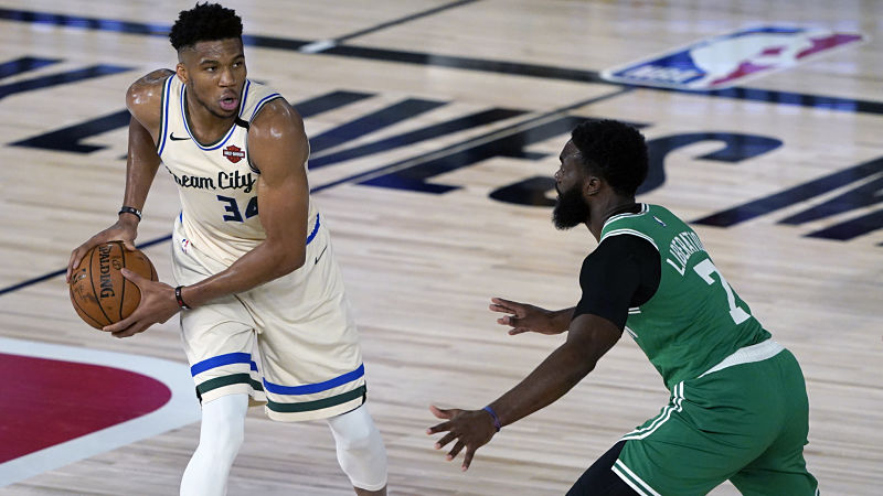 NBA players Giannis Antetokounmpo and Jaylen Brown