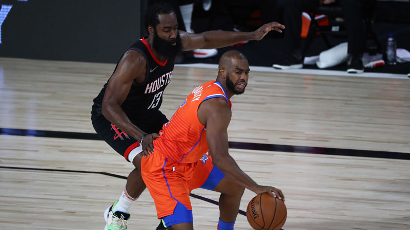 Houston Rockets guard James Harden and Oklahoma City Thunder guard Chris Paul