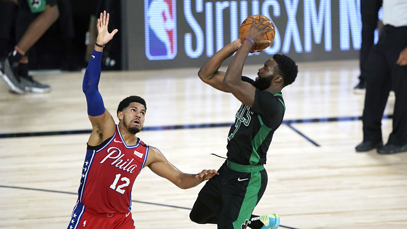 Philadelphia 76ers forward Tobias Harris and Boston Celtics guard Jaylen Brown