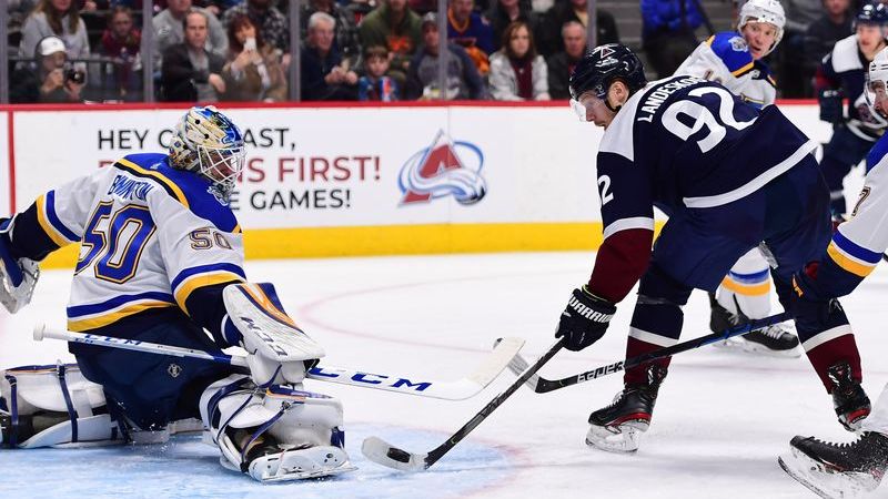 St. Louis Blues goaltender Jordan Binnington, Colorado Avalanche left wing Gabriel Landeskog