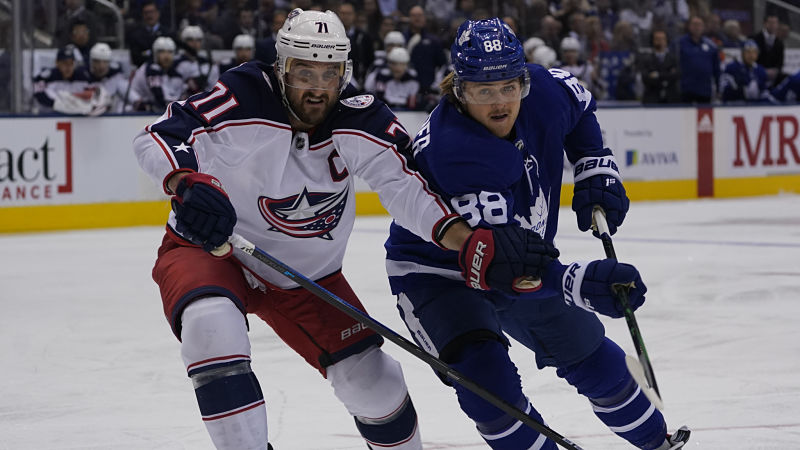Columbus Blue Jackets forward Nick Foligno and Toronto Maple Leafs forward William Nylander