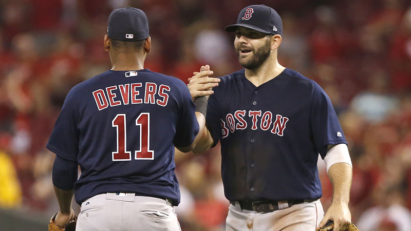 Boston Red Sox third baseman Rafael Devers and first baseman Mitch Moreland