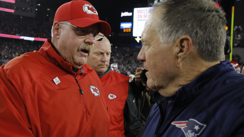 Chiefs head coach Andy Reid, Patriots head coach Bill Belichick