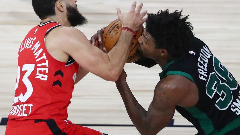 Toronto Raptors guard Fred VanVleet, Boston Celtics guard Marcus Smart