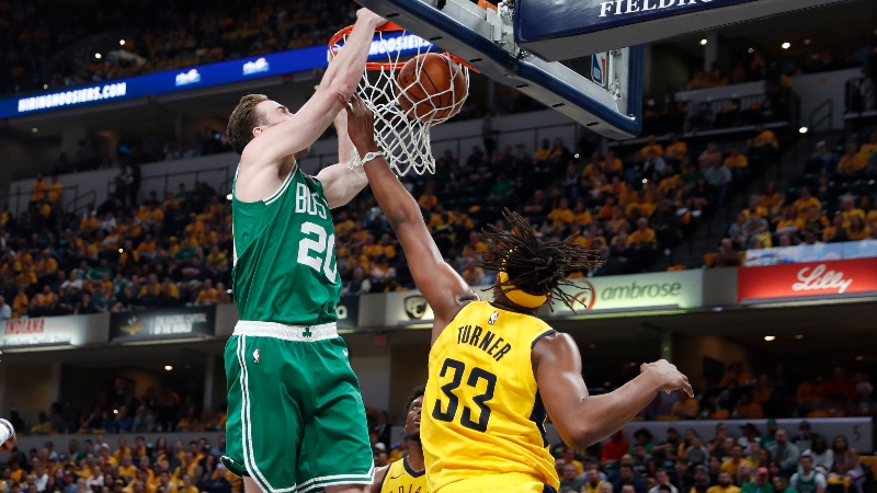 Boston Celtics forward Gordon Hayward (left) and Indiana Pacers center Myles Turner