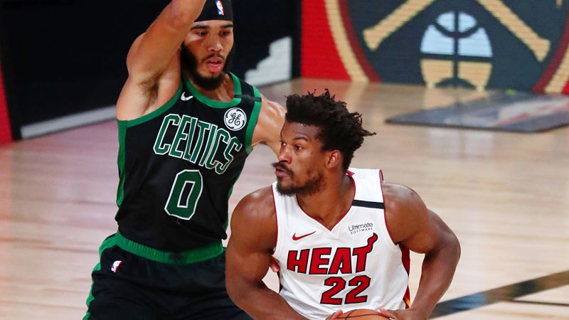 Boston Celtics forward Jayson Tatum and Miami Heat forward Jimmy Butler