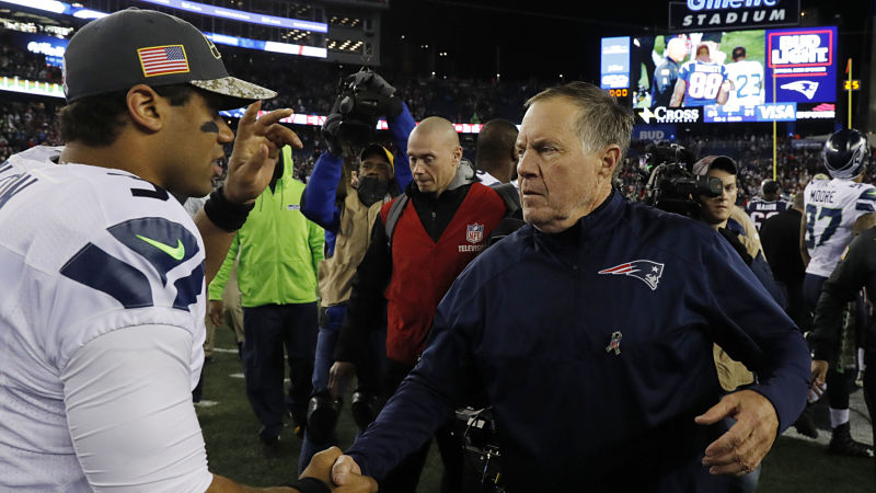 Seattle Seahawks quarterback Russell Wilson and New England Patriots head coach Bill Belichick