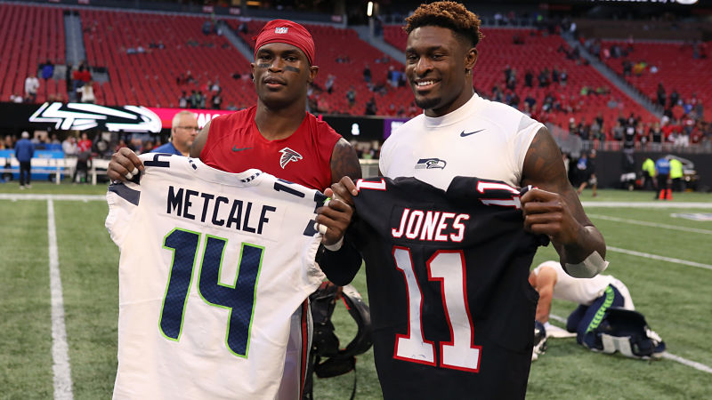 Atlanta Falcons wide receiver Julio Jones and Seattle Seahawks wide receiver D.K. Metcalf