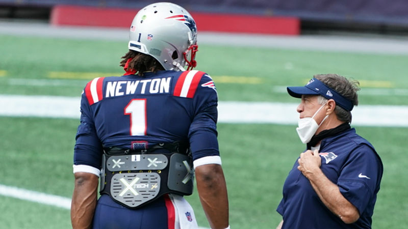 New England Patriots quarterback Cam Newton and head coach Bill Belichick