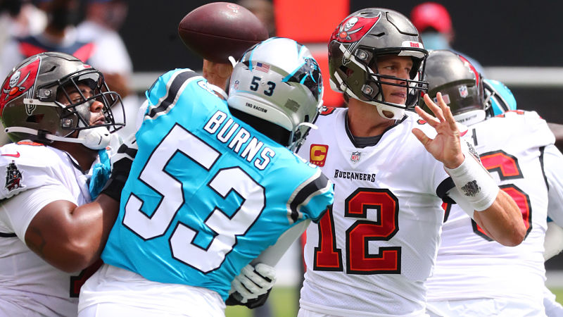 Carolina Panthers defensive end Brian Burns and Tampa Bay Buccaneers quarterback Tom Brady
