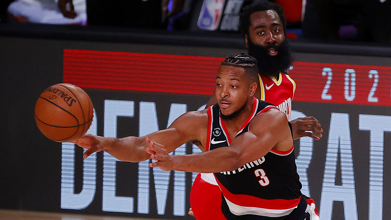 Portland Trail Blazers guard CJ McCollum and Houston Rockets guard James Harden