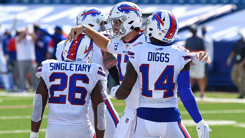 Buffalo Bills running back Devin Singeltary, quarterback Josh Allen and wide receiver Stefon Diggs