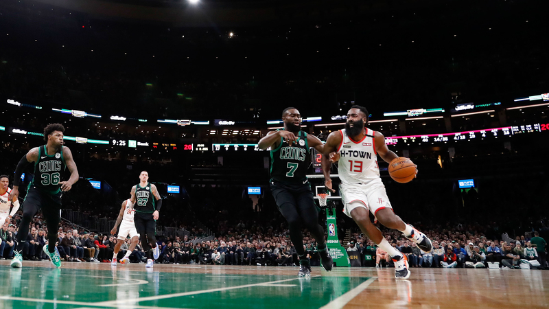 Boston Celtics forward Jaylen Brown, Houston Rockets guard James Harden