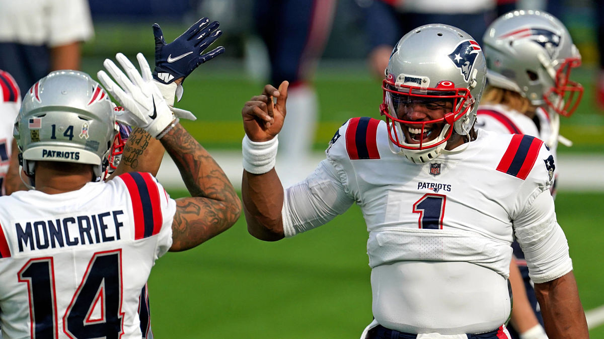 New England Patriots wide receiver Donte Moncrief and quarterback Cam Newton