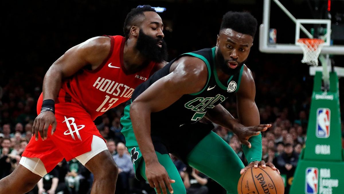 Houston Rockets guard James Harden, Boston Celtics guard Jaylen Brown