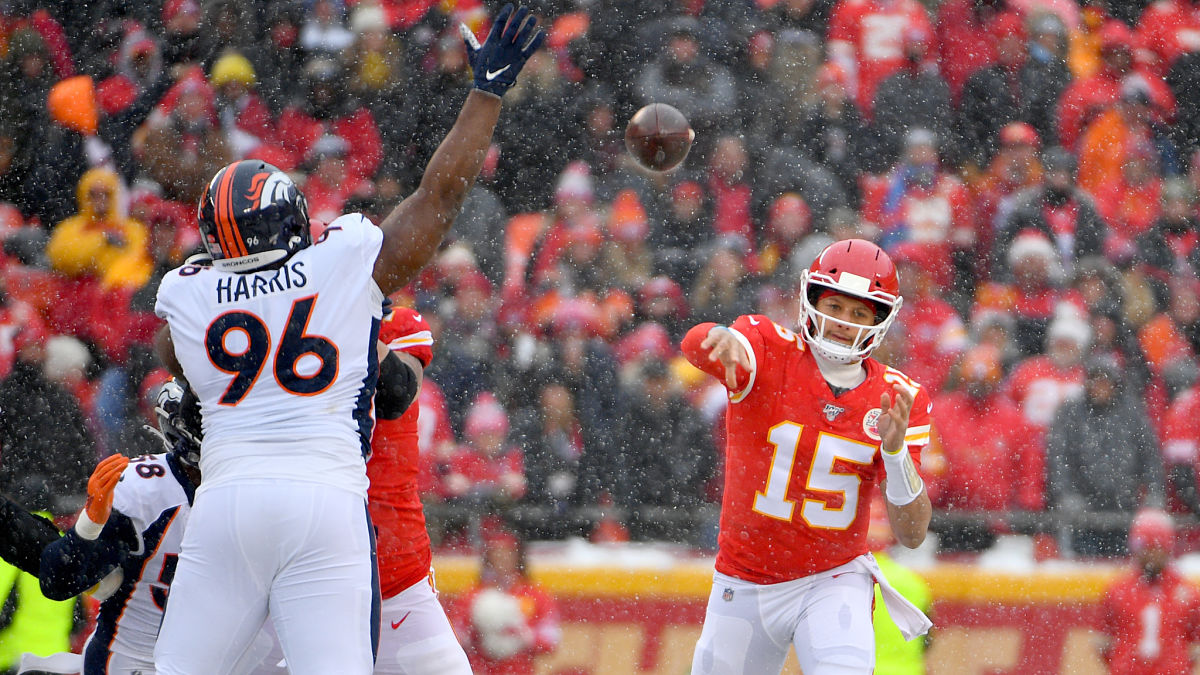 Denver Broncos defensive lineman Shelby Harris and Kansas City Chiefs quarterback Patrick Mahomes