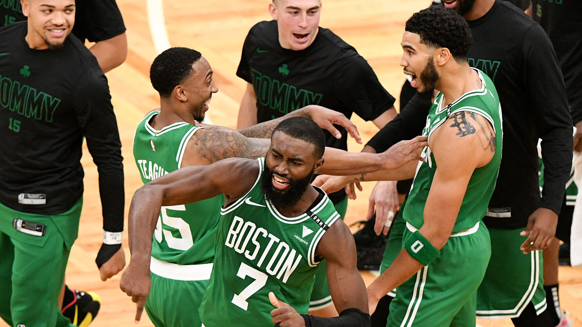 Boston Celtics forward Jayson Tatum and guards Jeff Teague and Jaylen Brown