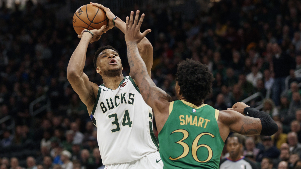 Milwaukee Bucks forward Giannis Antetokounmpo, Boston Celtics guard Marcus Smart