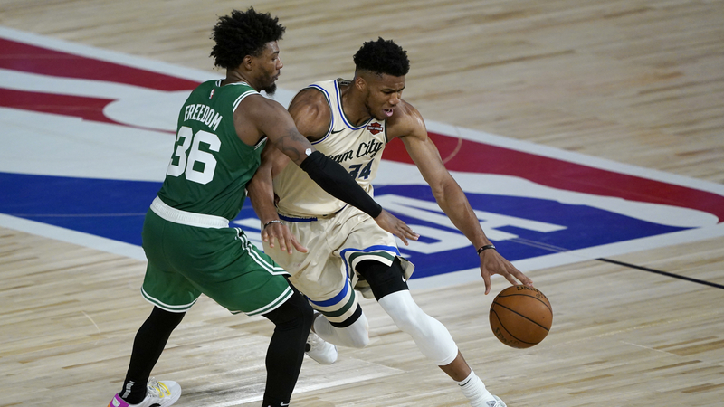 Milwaukee Bucks forward Giannis Antetokounmpo, Boston Celtics guard Marcus Smart