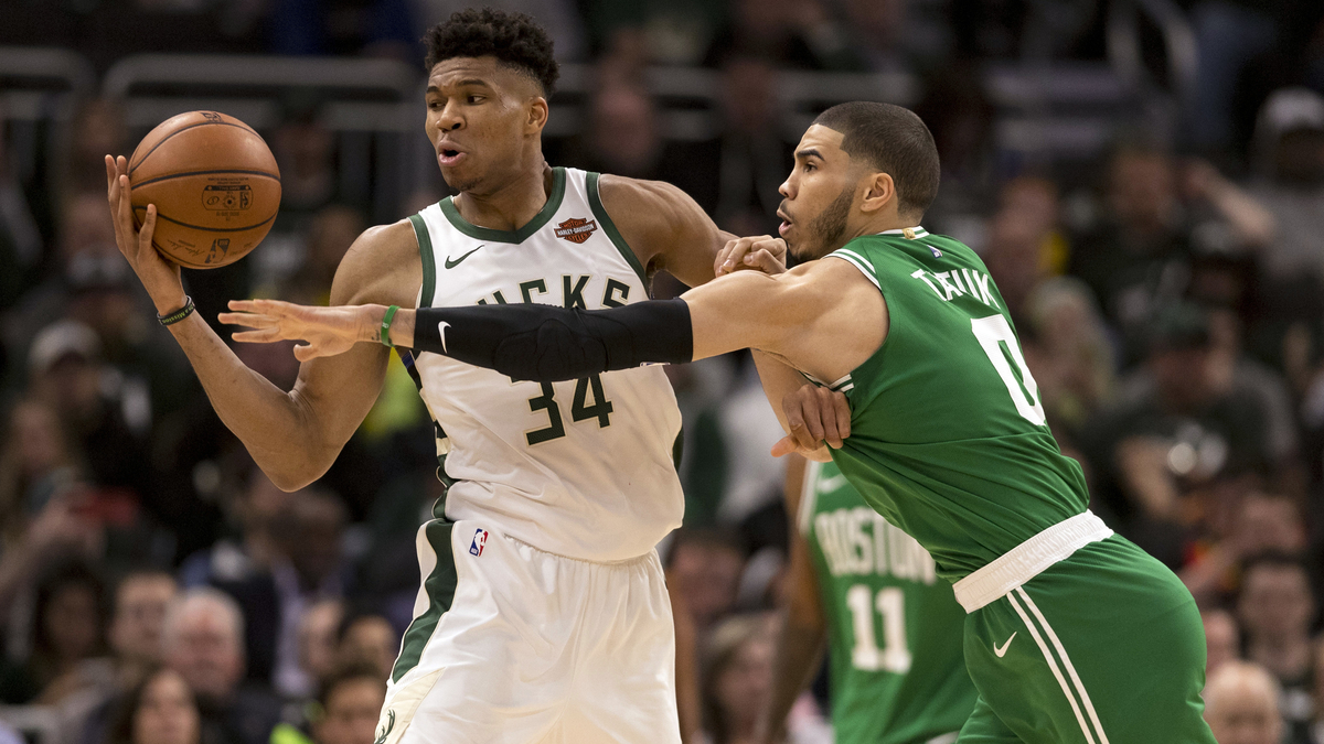 Milwaukee Bucks forward Giannis Antetokounmpo, Boston Celtics forward Jayson Tatum