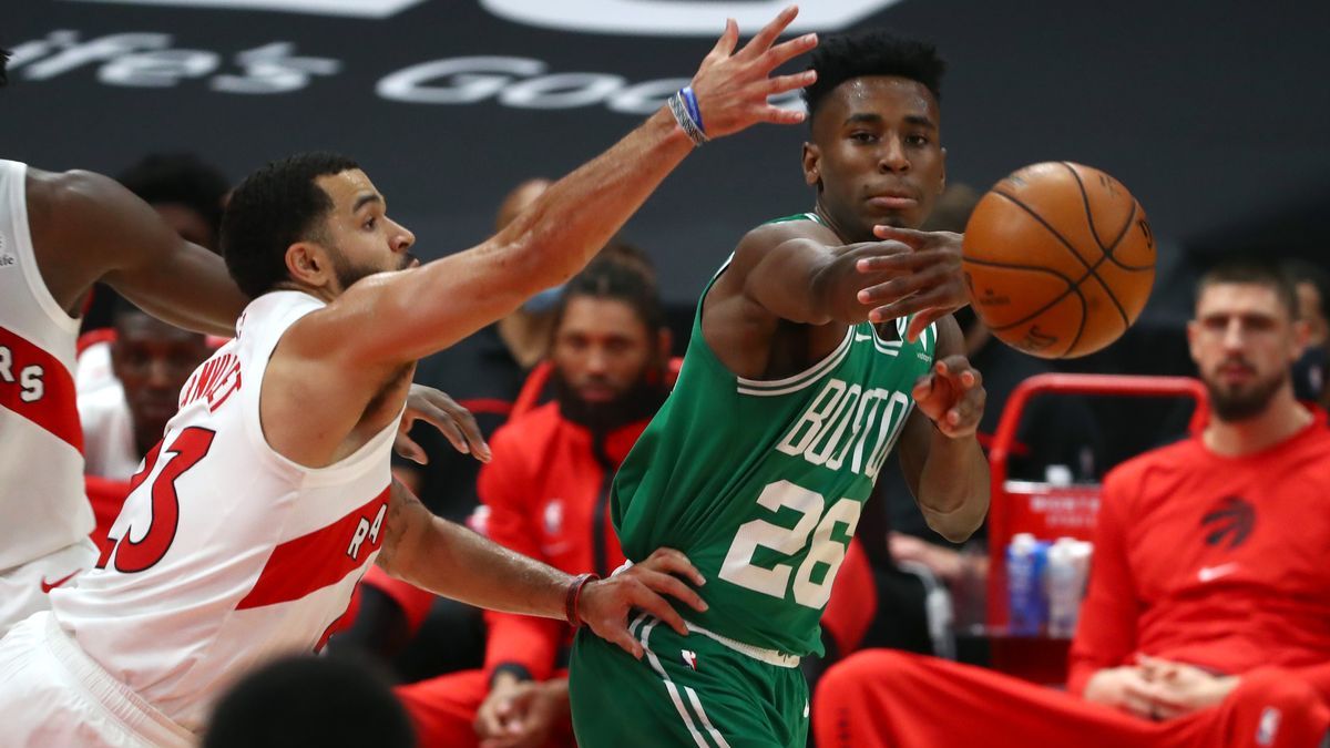 Toronto Raptors guard Fred VanVleet, Boston Celtics forward Aaron Nesmith