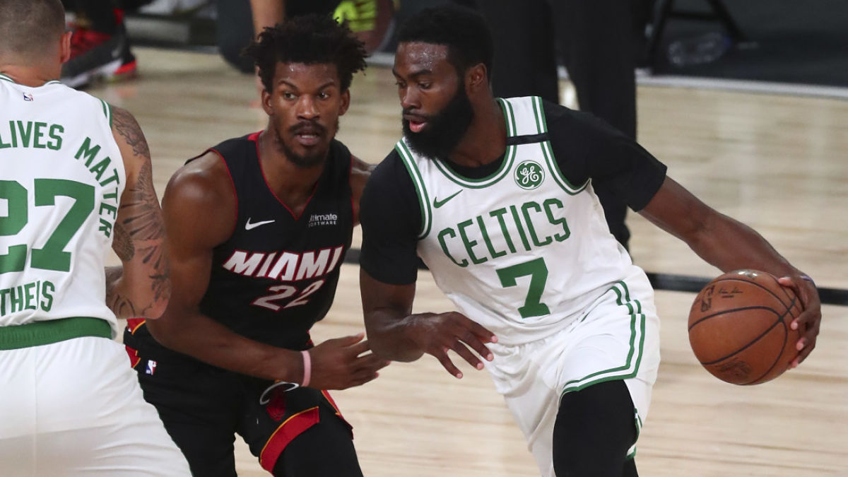 Miami Heat forward Jimmy Butler and Boston Celtics guard Jaylen Brown