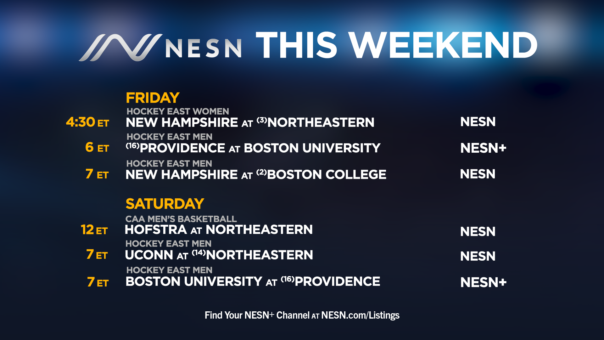 NESN college sports lineup