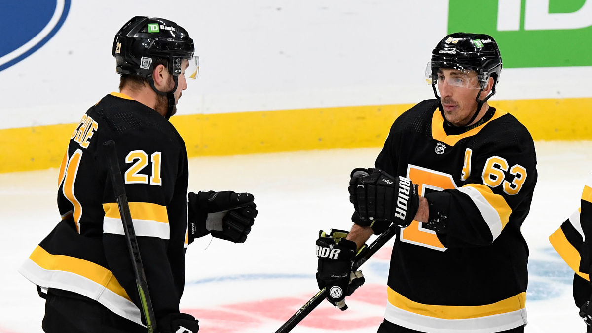 Boston Bruins forwards Nick Ritchie, Brad Marchand