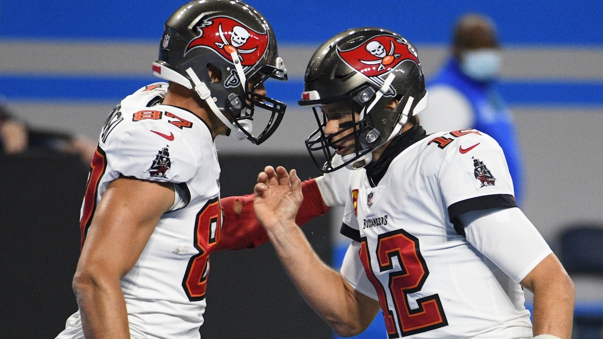 Tampa Bay Buccaneers tight end Rob Gronkowski, quarterback Tom Brady