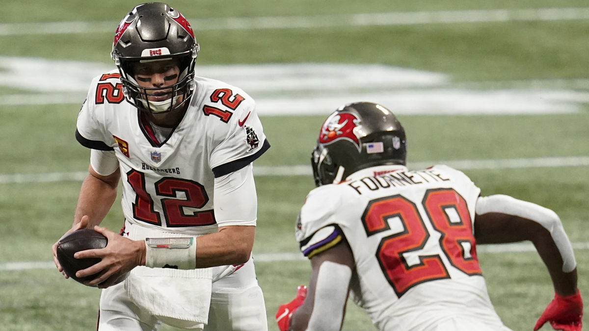 Tampa Bay Buccaneers quarterback Tom Brady and running back Leonard Fournette