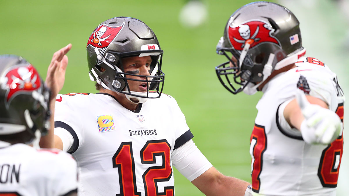 Tampa Bay Buccaneers quarterback Tom Brady and Rob Gronkowski