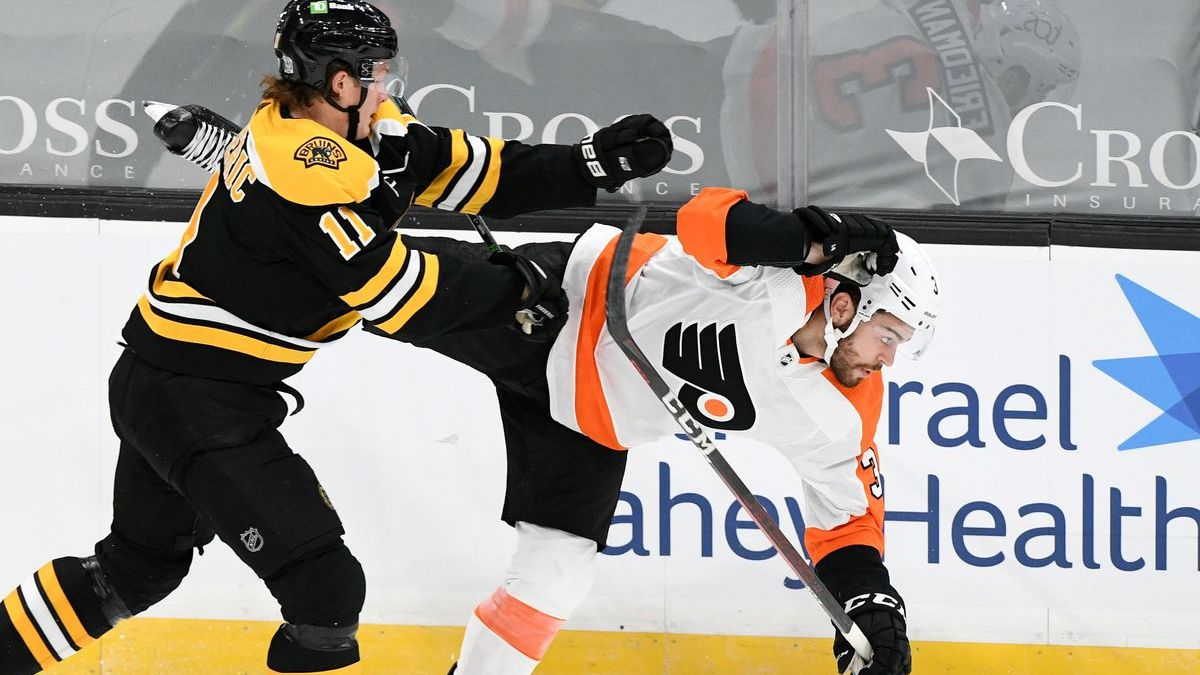 Boston Bruins forward Trent Frederic, Philadelphia Flyers defenseman Mark Friedman