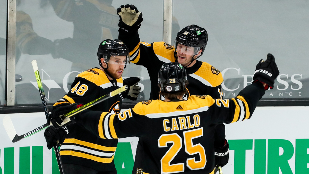 Boston Bruins Forward Chris Wagner, defensemen Brandon Carlo and Matt Grzelcyk