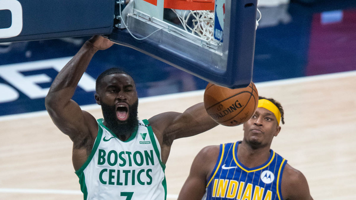 Boston Celtics guard Jaylen Brown and Indiana Pacers center Myles Turner