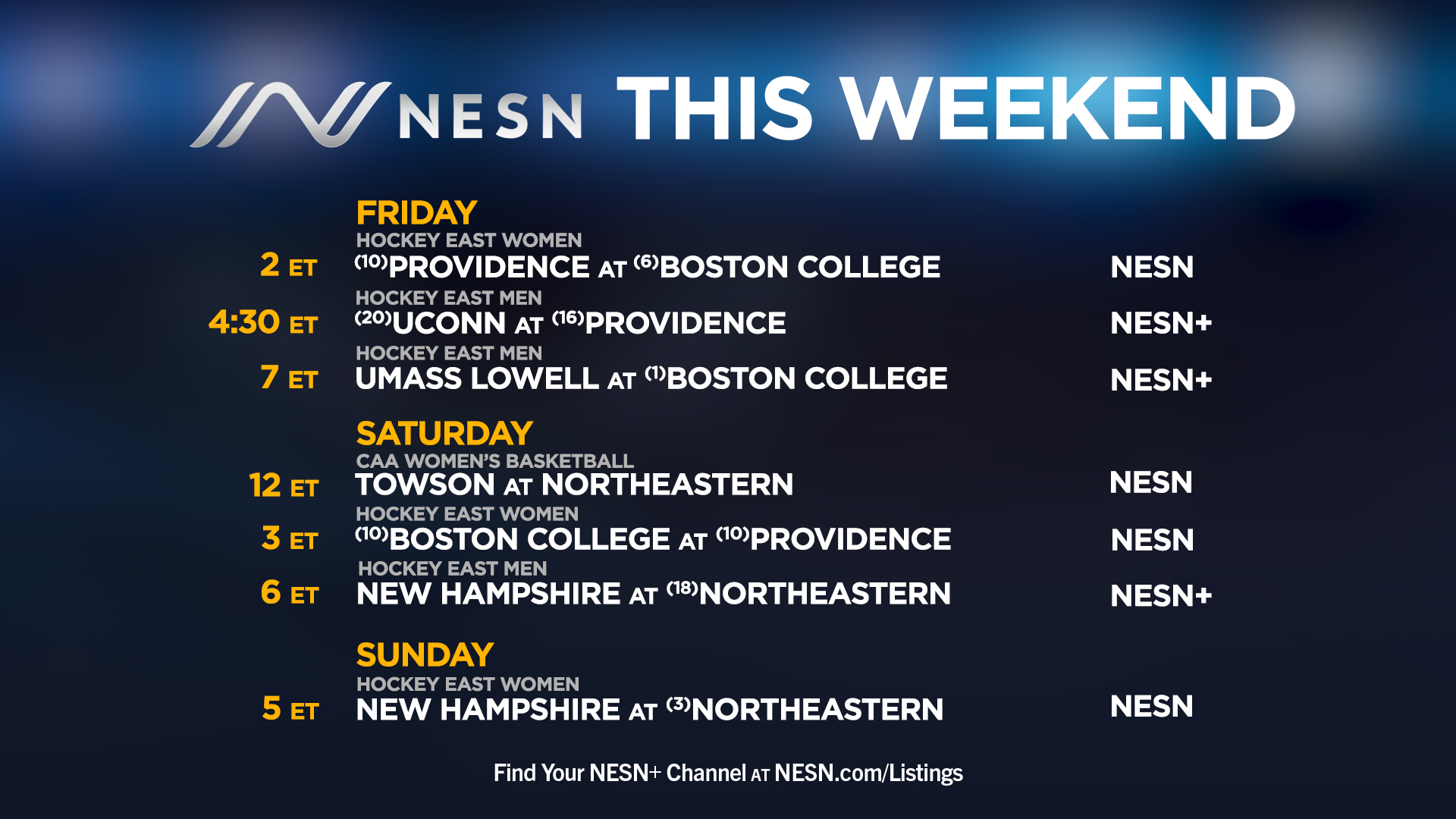 NESN college sports lineup